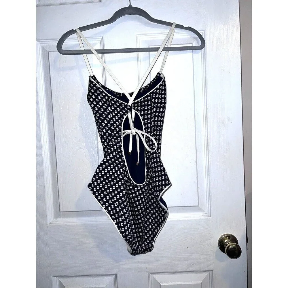 TORY BURCH One Piece Navy Ivory Trim Open Back Swimsuit Sz M